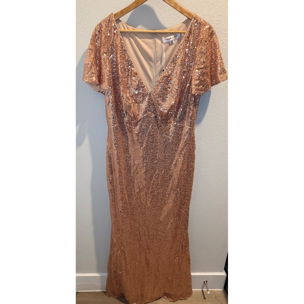 Ever-Pretty Rose Gold Sequin V-Neck Flutter Sleeve Mermaid Maxi Dress 5XL US 18